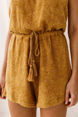 Mustard Yellow Strapless Terry Romper with Tassel Tie Waist