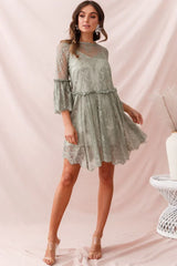 Sage Green Lace Mini Dress with Bell Sleeves and Scalloped Hem