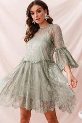 Sage Green Lace Mini Dress with Bell Sleeves and Scalloped Hem