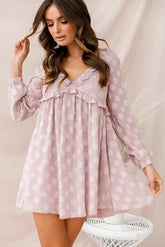 Mauve Polka Dot Babydoll Mini Dress with V-Neck and Ruffle Trim