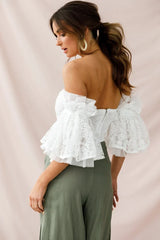 White Off-Shoulder Crop Top with Lace Bell Sleeves