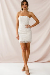 Beige Strapless Tweed Mini Dress with Fringe Hem