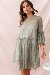 Sage Green Lace Mini Dress with Bell Sleeves and Scalloped Hem