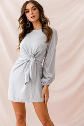 Grey Long Sleeve Mini Dress with Front Tie and Balloon Sleeves