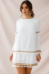 White Long Sleeve Mini Dress with Tassel Trim and Gold Braid Detail