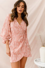 Pink Floral Mini Wrap Dress with Balloon Sleeves and Tie Cuffs