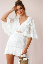 White V-Neck Mini Dress with Leaf Embroidery