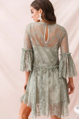 Sage Green Lace Mini Dress with Bell Sleeves and Scalloped Hem