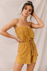 Mustard Yellow Strapless Terry Romper with Tassel Tie Waist