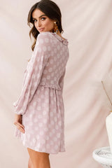 Mauve Polka Dot Babydoll Mini Dress with V-Neck and Ruffle Trim