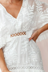 White V-Neck Mini Dress with Leaf Embroidery