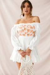 White Off-Shoulder Mini Dress with Daisy Embroidery and Puff Sleeves
