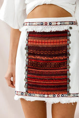 White Mini Skirt with Embroidered Tribal Panel and Fringe Trim