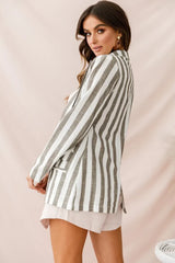 Grey and White Striped Blazer with Notched Lapel