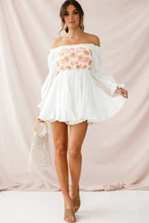 White Off-Shoulder Mini Dress with Daisy Embroidery and Puff Sleeves