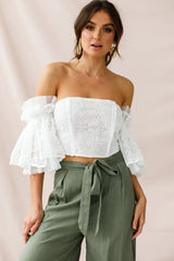 White Off-Shoulder Crop Top with Lace Bell Sleeves