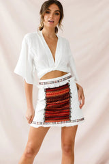 White Mini Skirt with Embroidered Tribal Panel and Fringe Trim