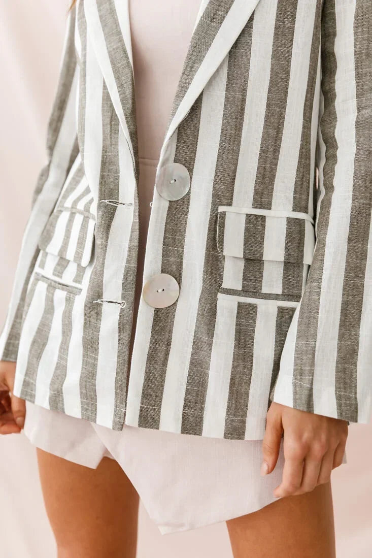 Grey and White Striped Blazer with Notched Lapel