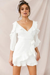 White Faux Wrap Mini Dress with Balloon Sleeves
