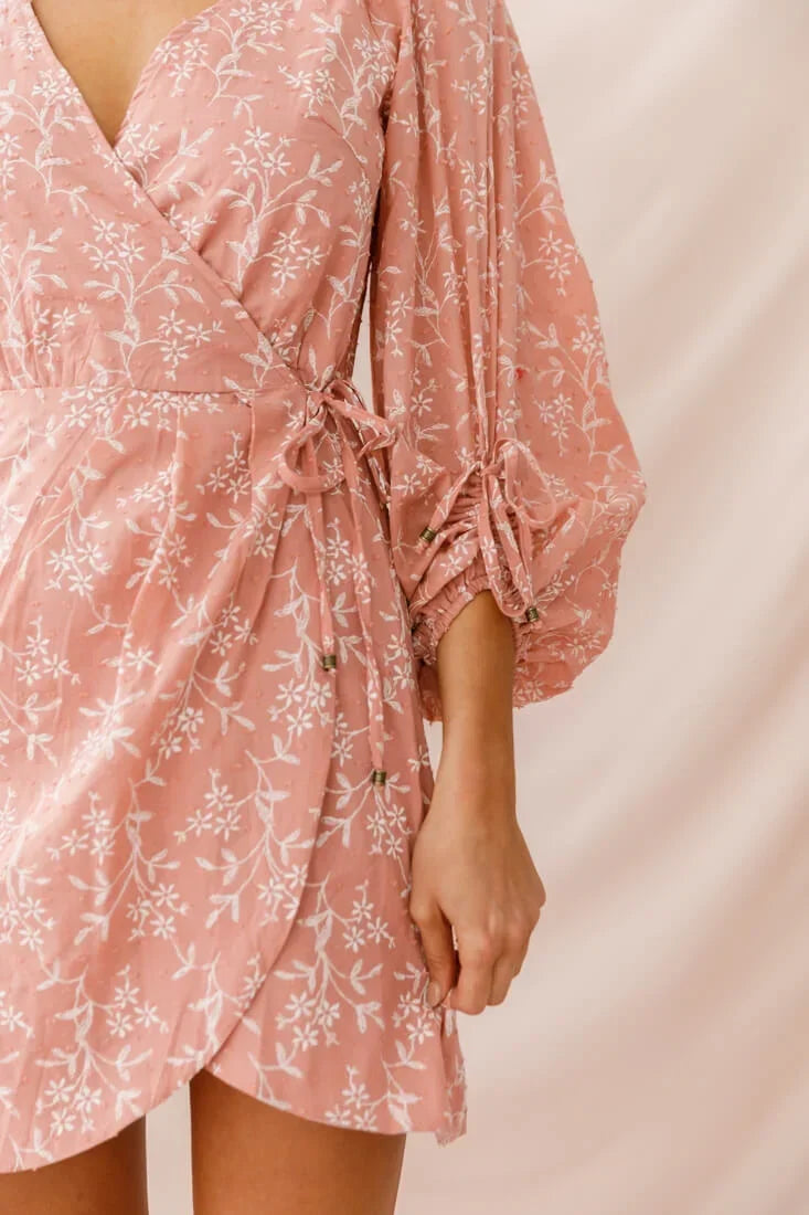 Pink Floral Mini Wrap Dress with Balloon Sleeves and Tie Cuffs