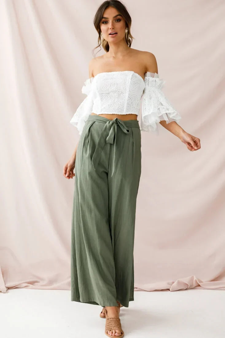 White Off-Shoulder Crop Top with Lace Bell Sleeves