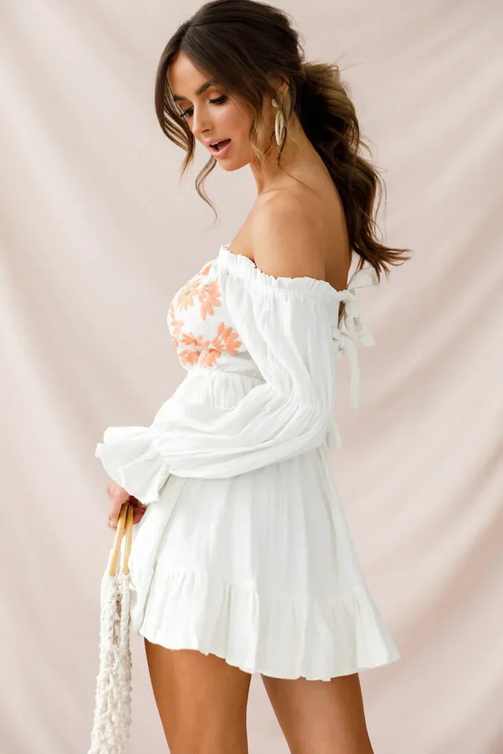 White Off-Shoulder Mini Dress with Daisy Embroidery and Puff Sleeves
