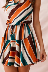 Multicolor Striped Mini Dress with Cowl Neck and Drawstring Waist