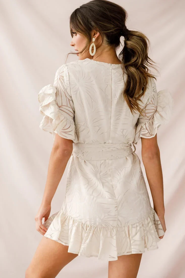 Beige Mini Dress with Ruffle Sleeves and Tie Waist