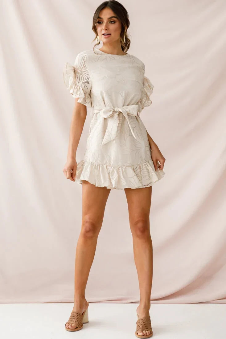 Beige Mini Dress with Ruffle Sleeves and Tie Waist