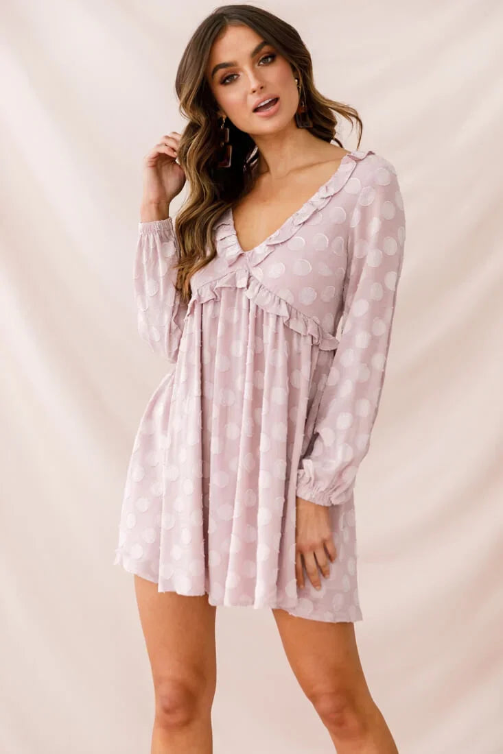 Mauve Polka Dot Babydoll Mini Dress with V-Neck and Ruffle Trim