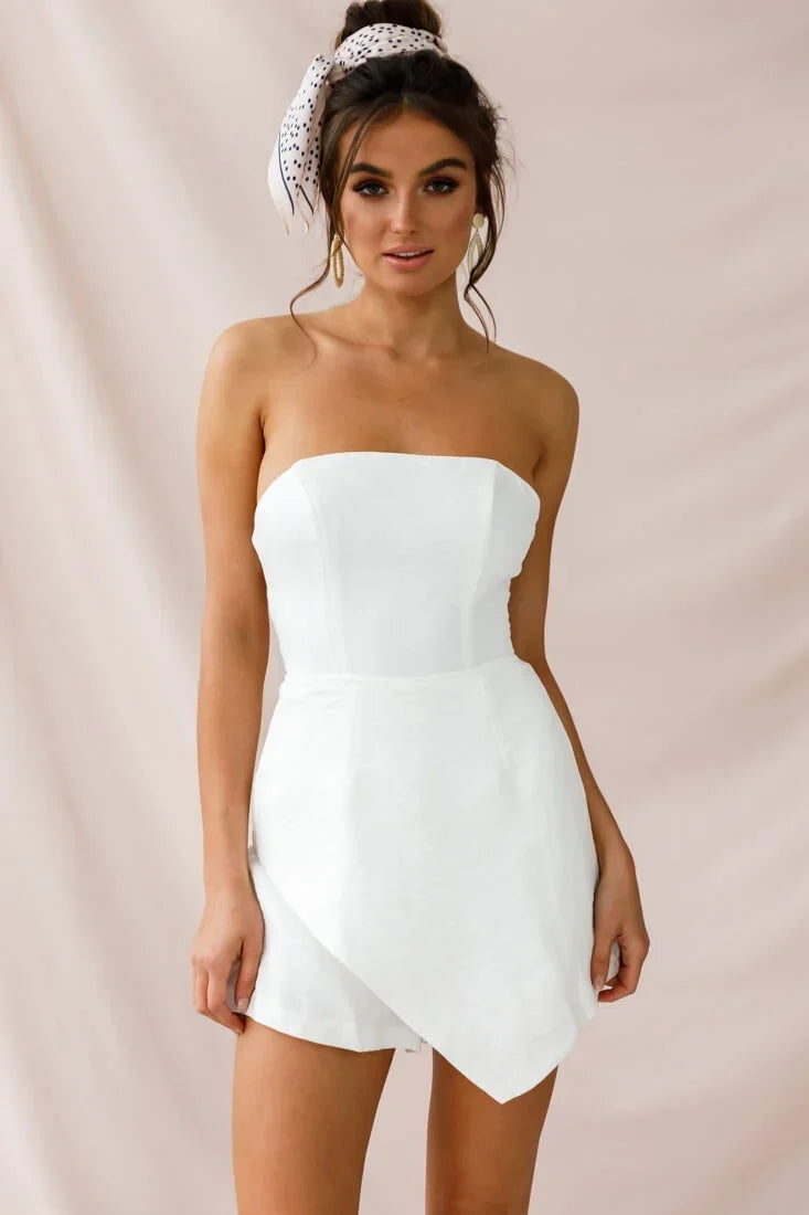White Strapless Romper with Asymmetric Wrap Skort Overlay