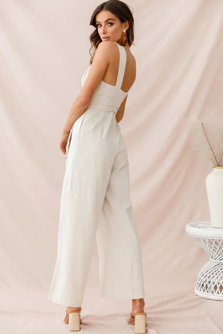 Beige Jumpsuit with Plunging V-Neck, Wide Legs and Tie Waist