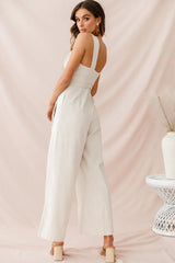 Beige Jumpsuit with Plunging V-Neck, Wide Legs and Tie Waist