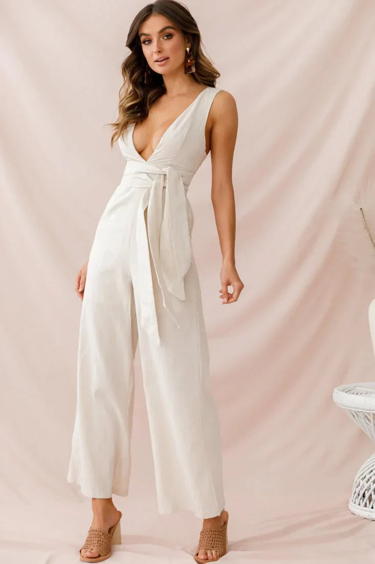Beige Jumpsuit with Plunging V-Neck, Wide Legs and Tie Waist
