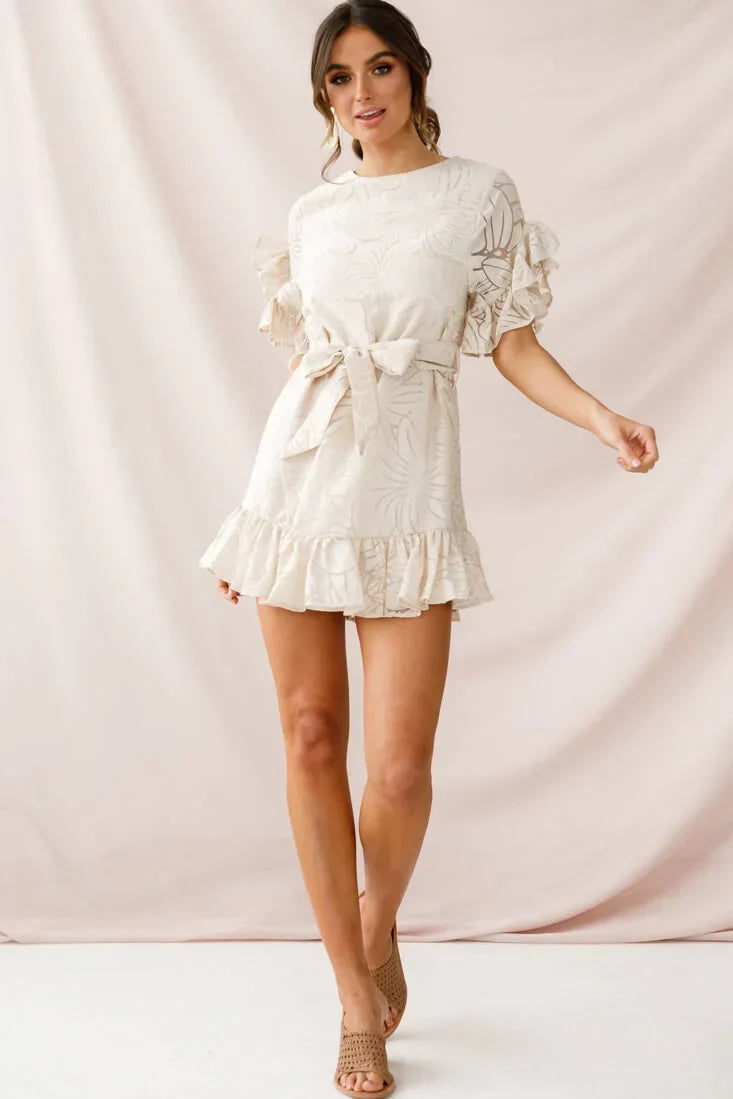 Beige Mini Dress with Ruffle Sleeves and Tie Waist