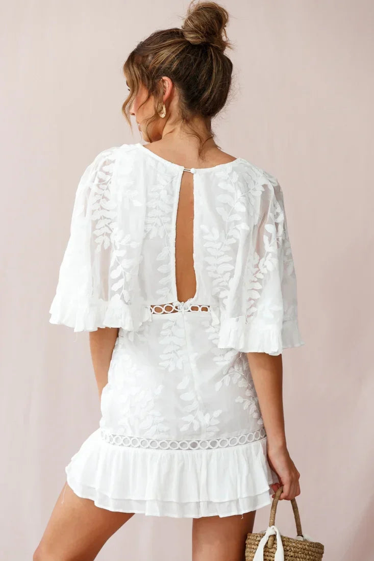 White V-Neck Mini Dress with Leaf Embroidery