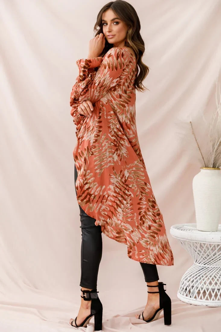 Rose Printed Top with High-Low Hem and Balloon Sleeves