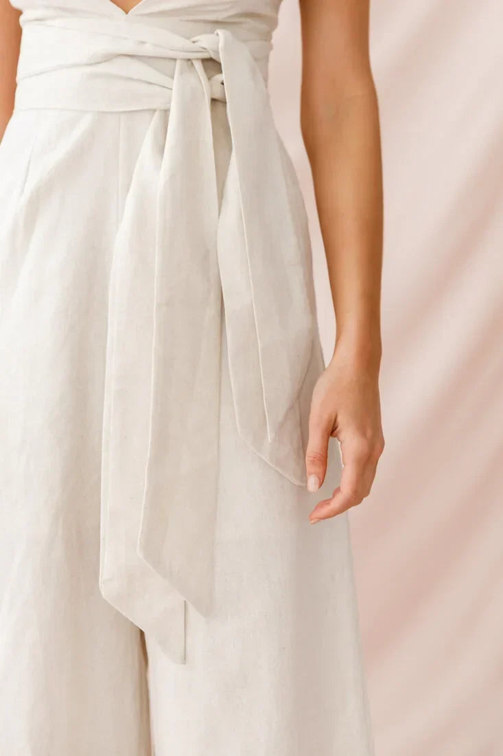 Beige Jumpsuit with Plunging V-Neck, Wide Legs and Tie Waist