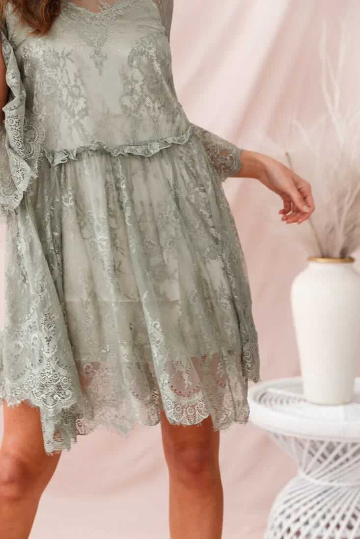Sage Green Lace Mini Dress with Bell Sleeves and Scalloped Hem
