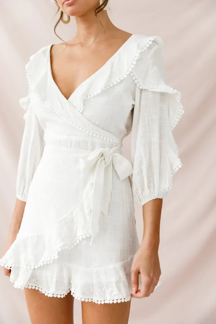 White Faux Wrap Mini Dress with Balloon Sleeves