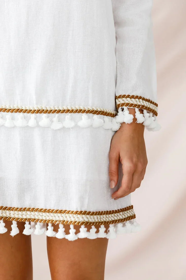 White Long Sleeve Mini Dress with Tassel Trim and Gold Braid Detail