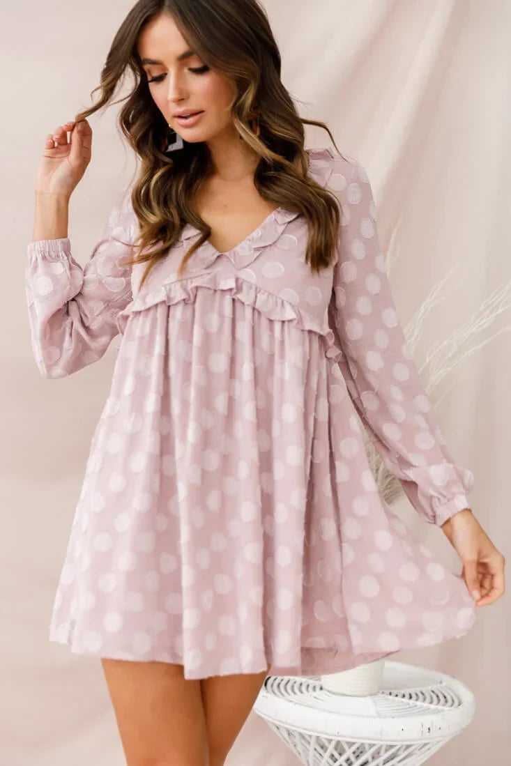 Mauve Polka Dot Babydoll Mini Dress with V-Neck and Ruffle Trim