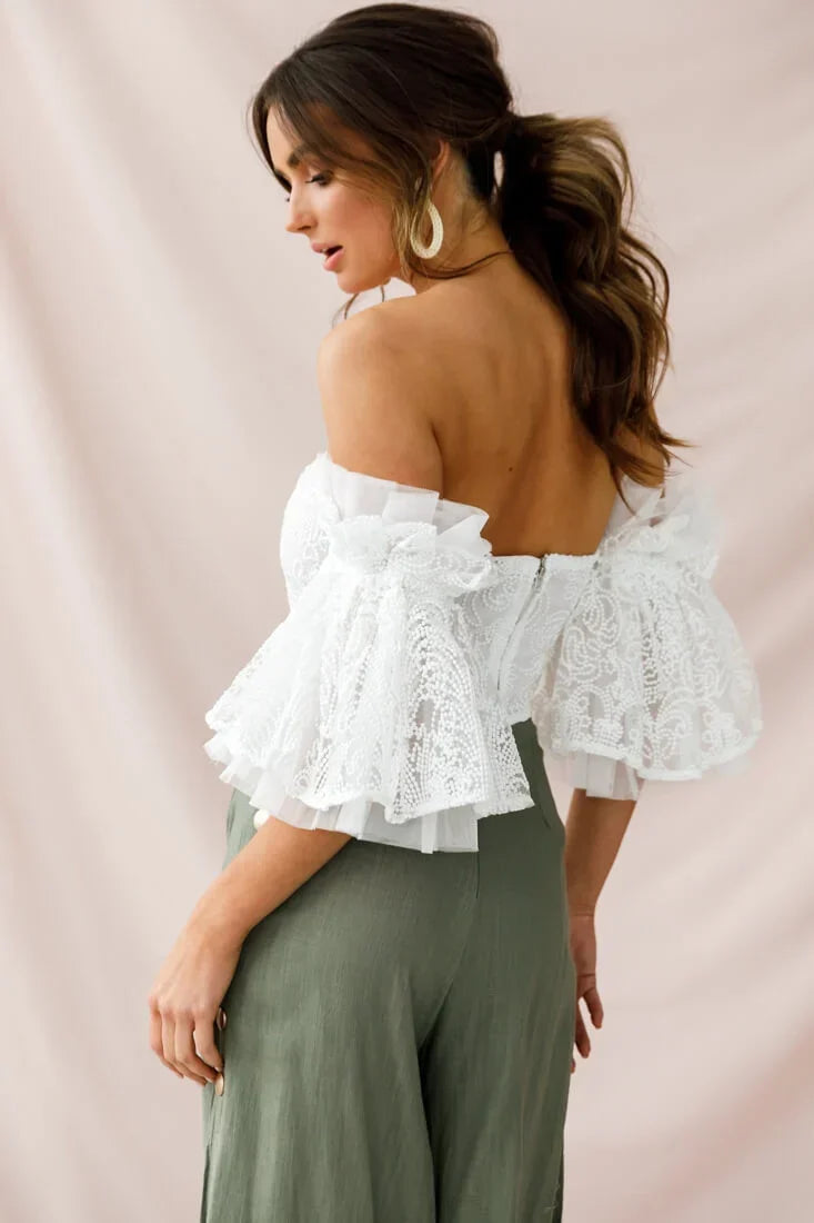 White Off-Shoulder Crop Top with Lace Bell Sleeves