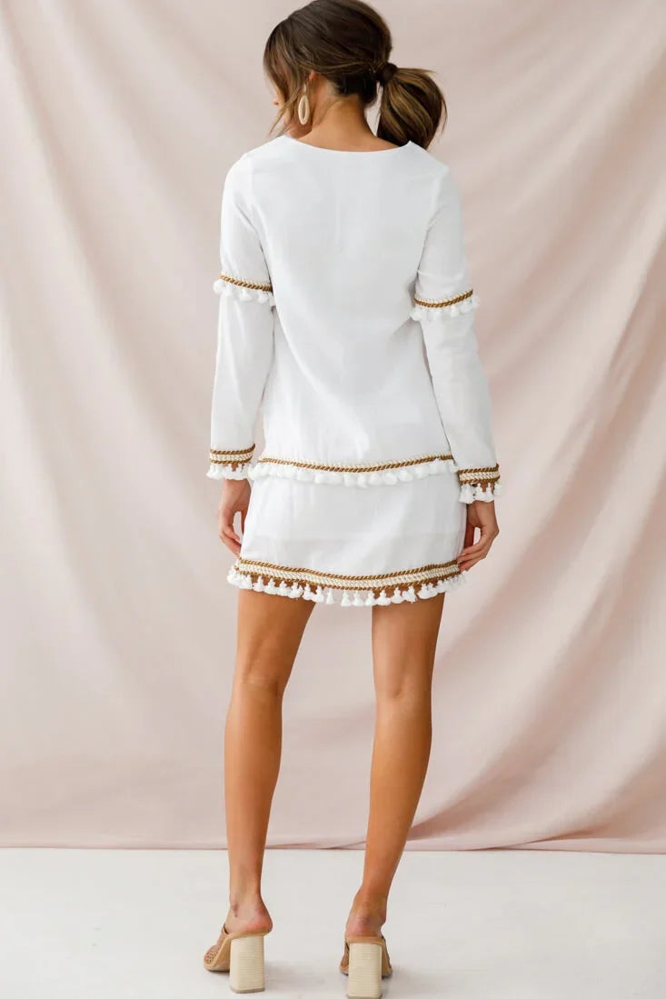 White Long Sleeve Mini Dress with Tassel Trim and Gold Braid Detail