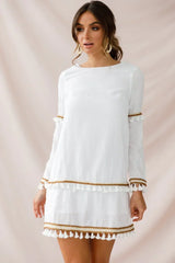 White Long Sleeve Mini Dress with Tassel Trim and Gold Braid Detail