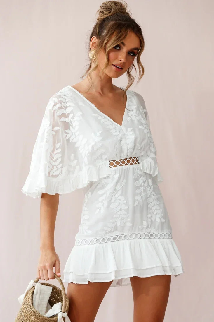 White V-Neck Mini Dress with Leaf Embroidery