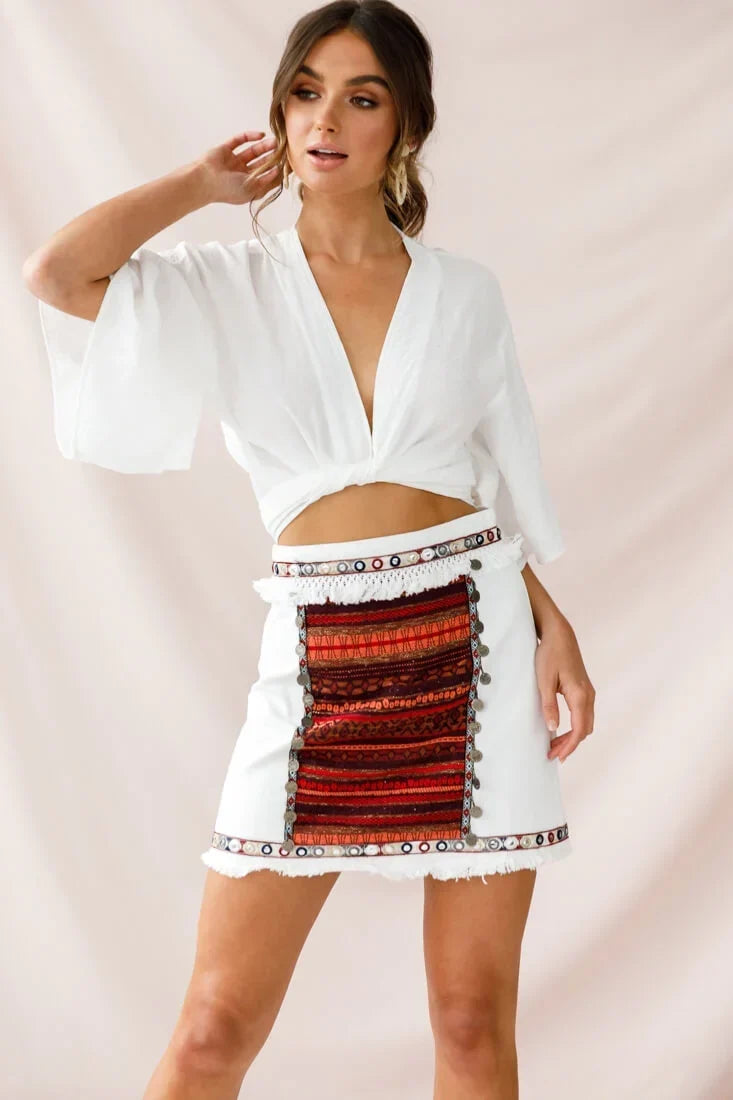 White Mini Skirt with Embroidered Tribal Panel and Fringe Trim