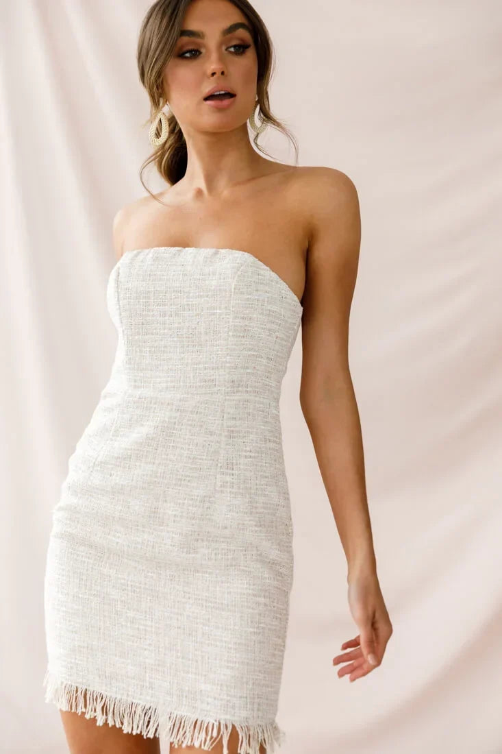 Beige Strapless Tweed Mini Dress with Fringe Hem
