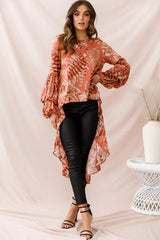 Rose Printed Top with High-Low Hem and Balloon Sleeves