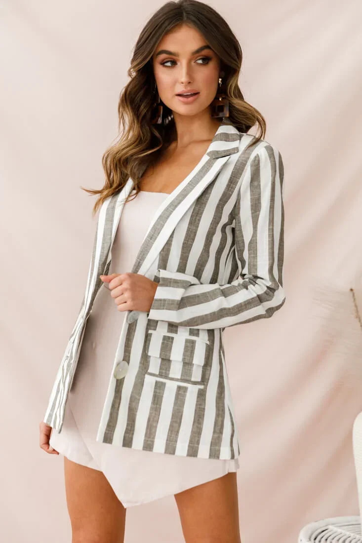 Grey and White Striped Blazer with Notched Lapel